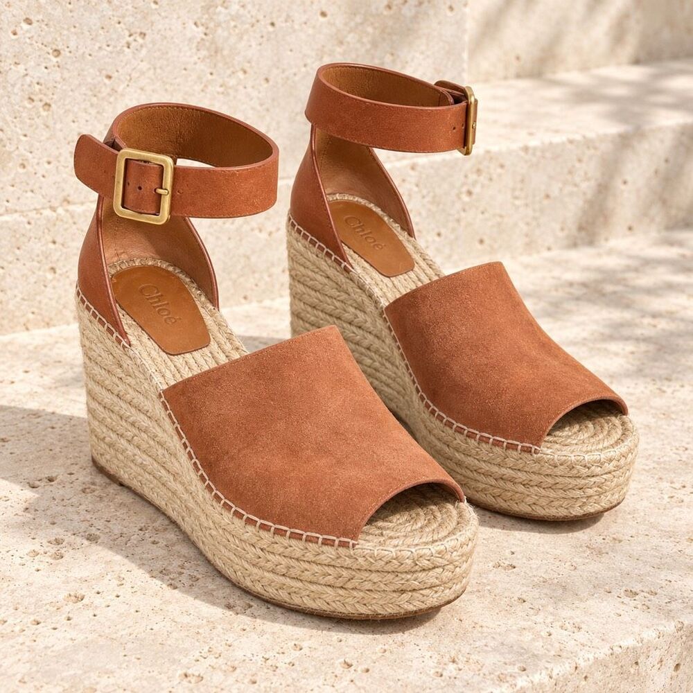 Chloé cognac suede and leather espadrille platform wedge sandals, $425